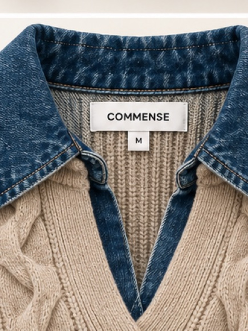 COMMENSE Beige Cable V-Neck Sweater with Denim Trim - Picture 3 of 9